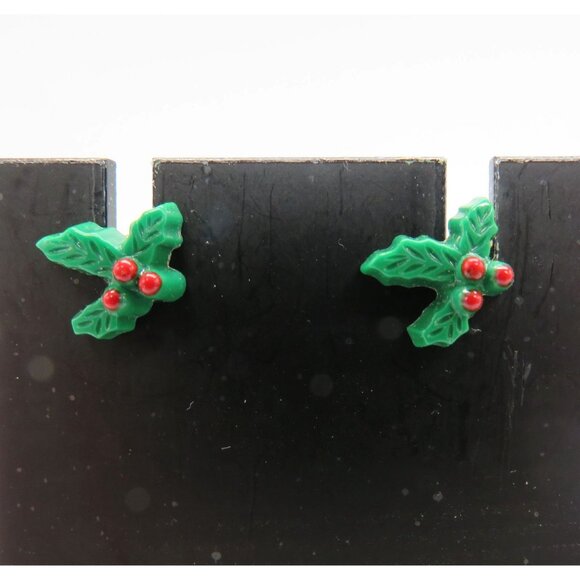 Vintage Holly Leaf Stud Earrings Red Berries Christmas Holidays Lightweight - Picture 2 of 5